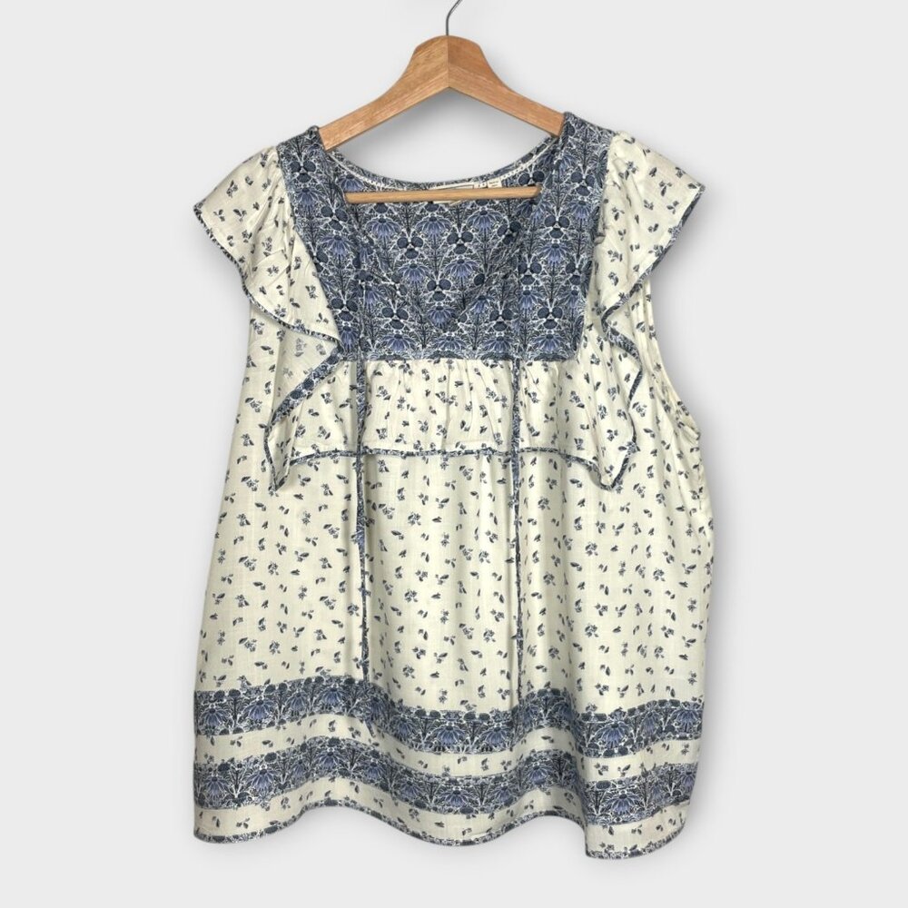 FAT FACE Popover Top 14 US Helen Shell Print Boho Coastal Blue Cream